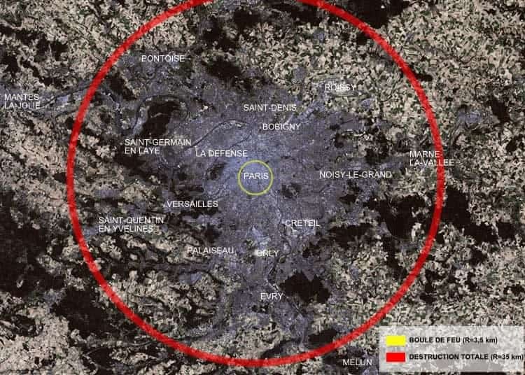 Зона возможного тотального поражения «Царь-бомбой», нанесенная на карту Парижа